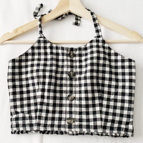 Black + White Gingham Plaid Cropped Halter Top - Picture 1 of 8